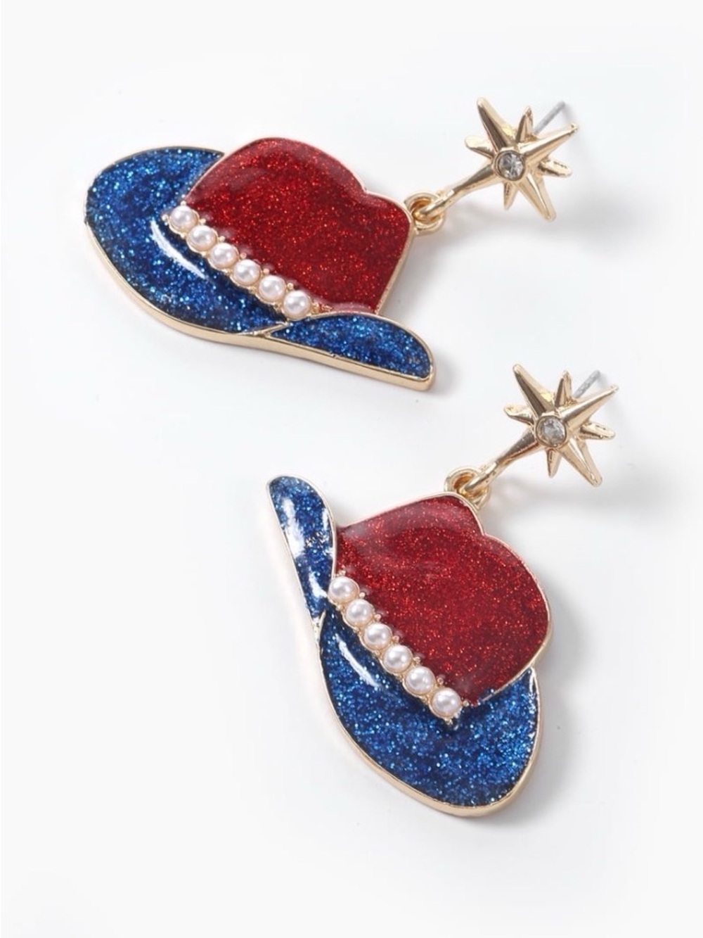 Way to Celestial Western Hat Drop Dangle Earrings in Red & Blue Star Studs NWT - Picture 2 of 3